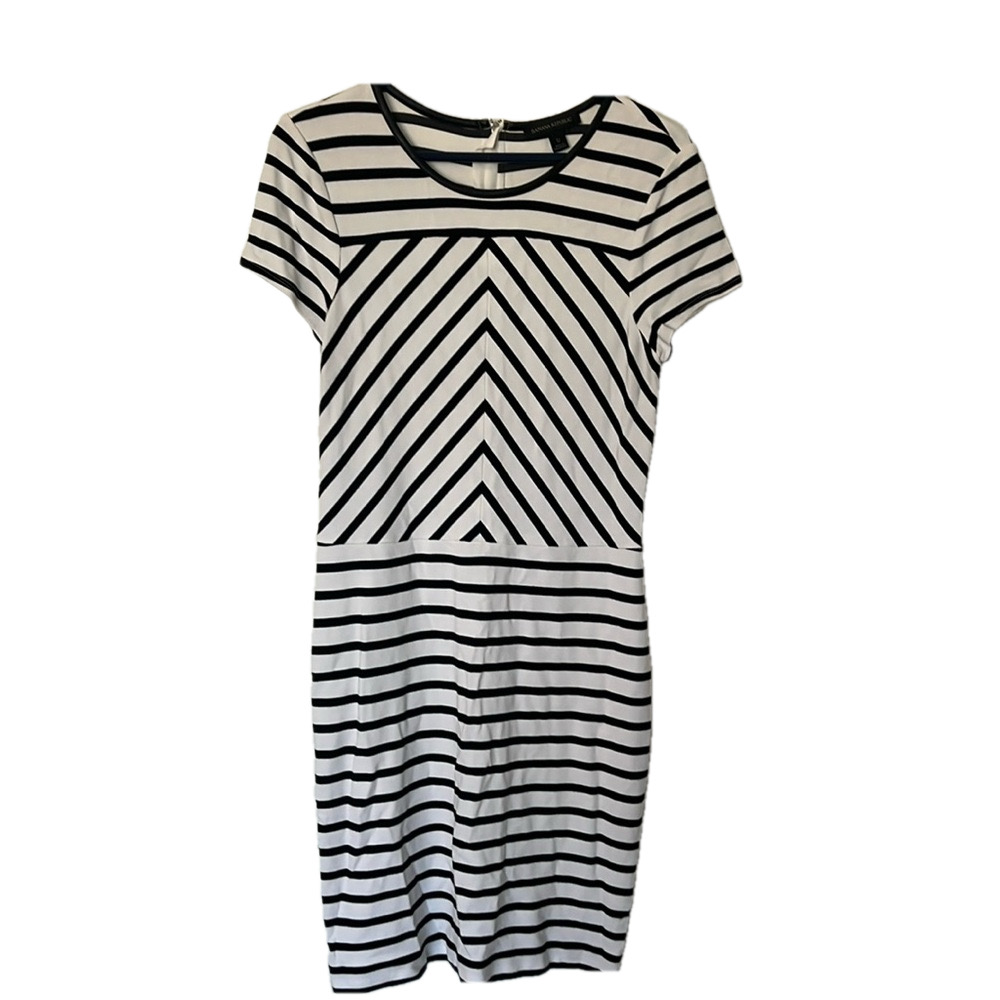 Banana Republic Black White Striped Dress Women’s Size 12 Short Sleeve Stretch